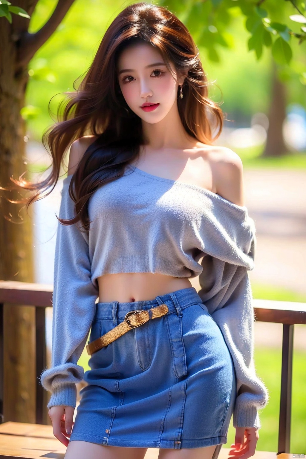 best quality, masterpiece, cowboy_shot,(Good structure), DSLR Quality,Depth of field,kind smile,looking_at_viewer,Dynamic pose, 1girl, 3d, bare_shoulders, belt, blurry, blurry_background, blurry_foreground, branch, , , , collarbone, *******_photo, denim, denim_skirt, depth_of_field, , lips, long_hair, looking_at_viewer, midriff, miniskirt, motion_blur, navel, outdoors, photo_\(medium\), realistic, skirt, solo, standing, tree, , , , blackpantyhose, , , , , futuaner