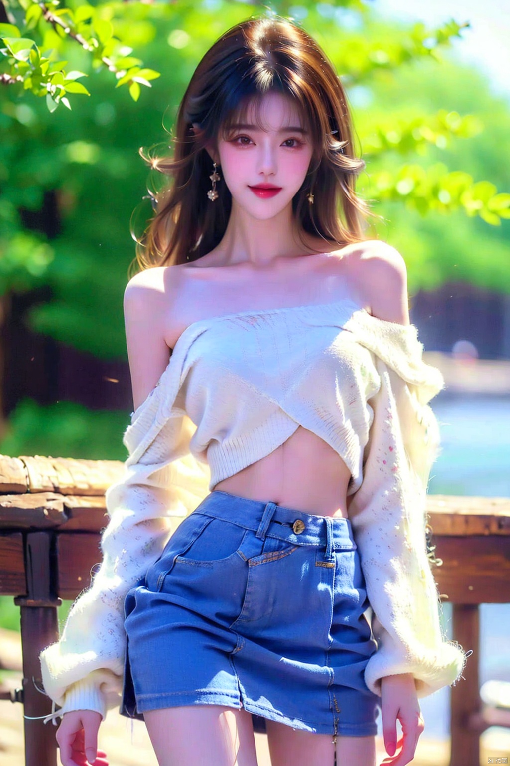 best quality, masterpiece, cowboy_shot,(Good structure), DSLR Quality,Depth of field,kind smile,looking_at_viewer,Dynamic pose, 1girl, 3d, bare_shoulders, belt, blurry, blurry_background, blurry_foreground, branch, , , , collarbone, *******_photo, denim, denim_skirt, depth_of_field, , lips, long_hair, looking_at_viewer, midriff, miniskirt, motion_blur, navel, outdoors, photo_\(medium\), realistic, skirt, solo, standing, tree, , , , blackpantyhose, , , , , futuaner, 1 girl