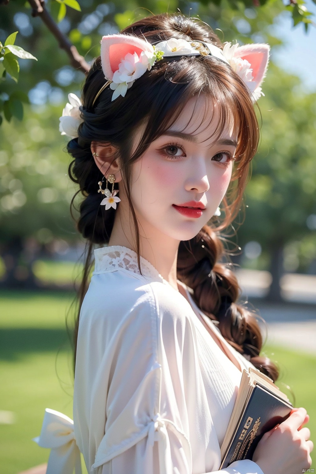  1girl, solo, long hair, looking at viewer, blush, smile, bangs, hair ornament, bow, animal ears, jewelry, yellow eyes, upper body, pink hair, braid, flower, hair bow, hairband, earrings, outdoors, parted lips, alternate costume, cat ears, from side, looking to the side, book, single braid, blue bow, plant, white flower, hair over shoulder, floppy ears, goldenglow \(arknights\), jiqing, 1 girl,moyou
