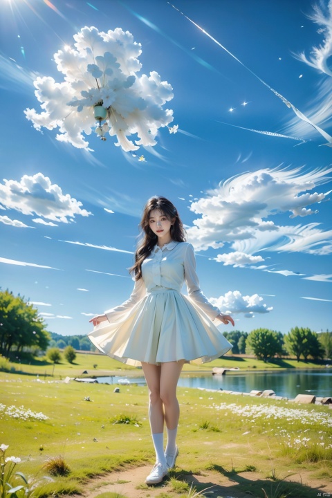  Best Quality, Super High Resolution, a girl (full body photo,) outdoors, white clothes, blue skirt, JK uniform, uniform, full chest, long legs, long hair fluttering, cherry blossom background, blue sky, White Clouds, breeze, turn your face sideways and look to the side, tutututu, lvshui-green dress, jiqing, babata