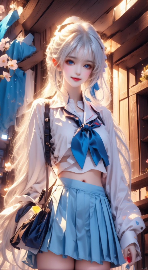 (best quality),(masterpiece),1girl, kamisato ayaka, skirt, solo, long hair, mole under eye, school uniform, blue eyes, pleated skirt, bag, smile, looking at viewer, sailor collar, white sailor collar, long sleeves, mole, holding, cup, ponytail, neckerchief, blue neckerchief, serafuku, school bag, ribbon, midriff, shirt, hair ribbon, white shirt, white hair, closed mouth, blue skirt, drinking straw, cowboy shot, crop top, holding cup, shoulder bag, cherry blossoms, alternate costume, disposable cup, outdoors, sky, keychain, petals, official alternate costume, very long hair, bag charm, choker, blunt bangs, blue sky, thighs, jijianchahua, (\yan yu\), (\shen ming shao nv\)