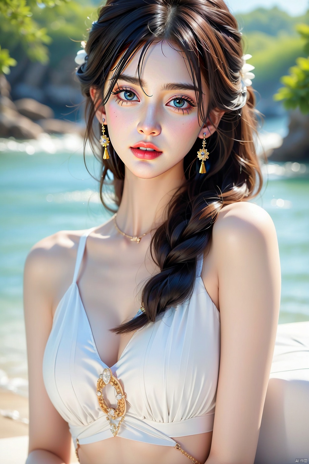  1girl,solo,black hair,long hair,jewelry,bangs,looking at viewer,blunt bangs,summer, (\huo yan shao nv\), 1 girl