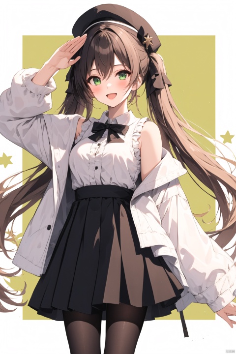  1girl, open_jacket, ;d, jacket, standing_on_one_leg, very_long_hair, frilled_skirt, black_footwear, green_eyes, skirt, smile, shirt, one_eye_closed, pantyhose, standing, solo, long_sleeves, long_hair, boots, high_heels, puffy_long_sleeves, puffy_sleeves, white_shirt, twintails, open_clothes, open_mouth, frills, hat, collared_shirt, high_heel_boots, black_skirt, white_pantyhose, black_jacket, star_\(symbol\), blush, salute, bow, arm_up, bangs, green_hair, sleeveless, striped, off_shoulder, black_background, sleeveless_shirt, black_headwear, hair_between_eyes, looking_at_viewer, jijianchahua, (\yan yu\), (\shen ming shao nv\), maolilan
