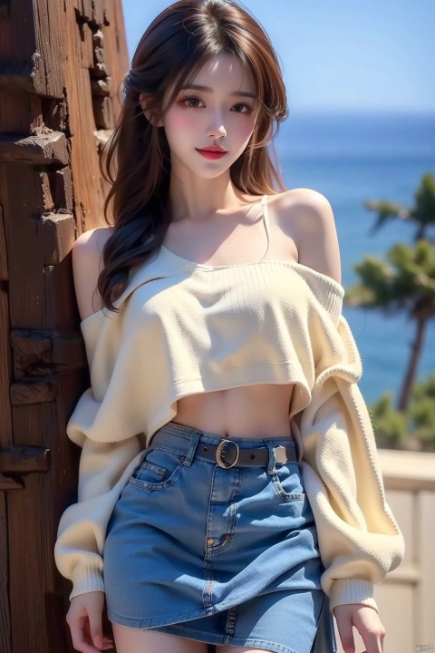 best quality, masterpiece, cowboy_shot,(Good structure), DSLR Quality,Depth of field,kind smile,looking_at_viewer,Dynamic pose, 1girl, 3d, bare_shoulders, belt, blurry, blurry_background, blurry_foreground, branch, , , , collarbone, *******_photo, denim, denim_skirt, depth_of_field, , lips, long_hair, looking_at_viewer, midriff, miniskirt, motion_blur, navel, outdoors, photo_\(medium\), realistic, skirt, solo, standing, tree, , , , blackpantyhose, , , , , futuaner, 1 girl