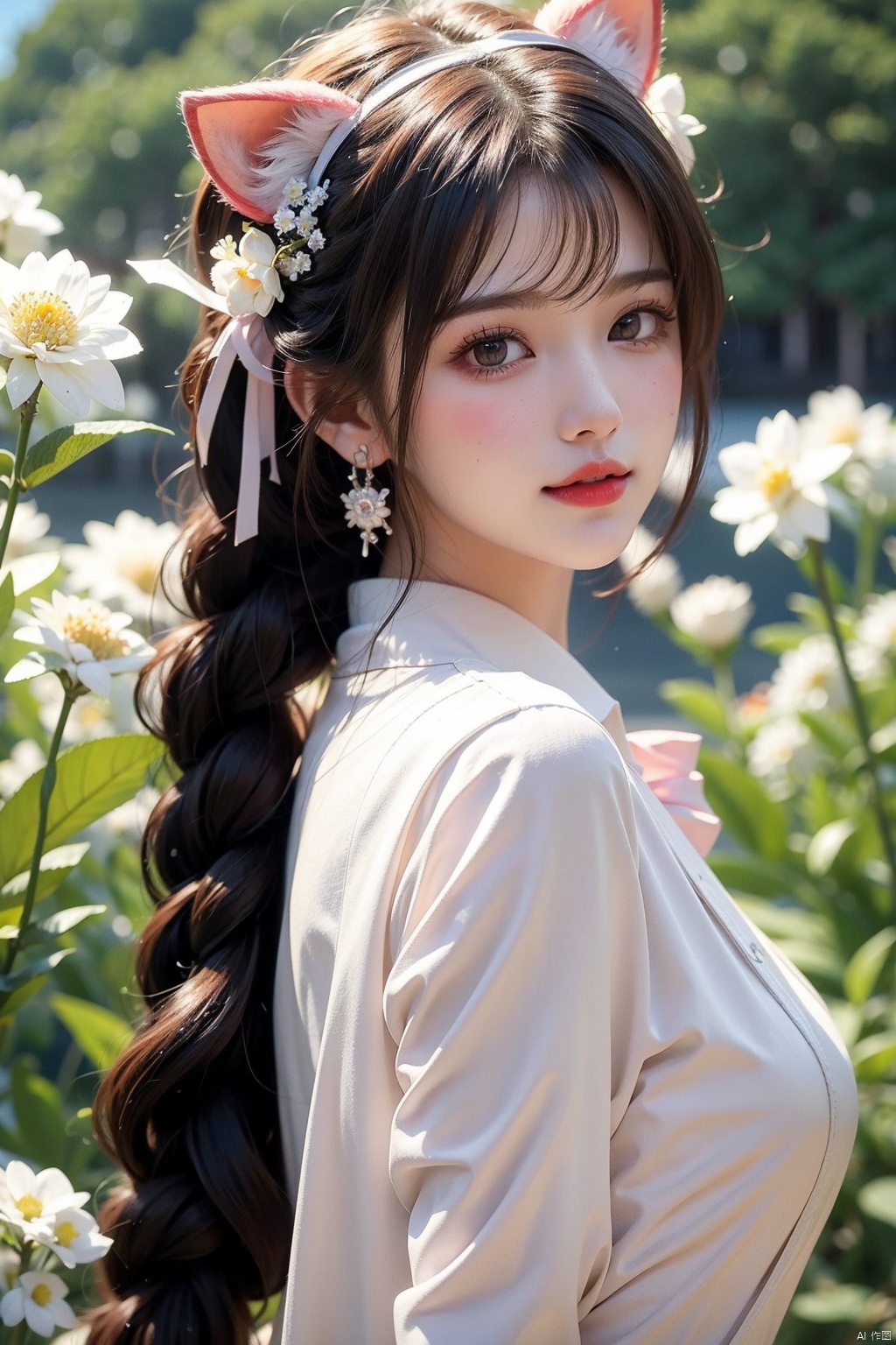  1girl, solo, long hair, looking at viewer, blush, smile, bangs, hair ornament, bow, animal ears, jewelry, yellow eyes, upper body, pink hair, braid, flower, hair bow, hairband, earrings, outdoors, parted lips, alternate costume, cat ears, from side, looking to the side, book, single braid, blue bow, plant, white flower, hair over shoulder, floppy ears, goldenglow \(arknights\), jiqing, 1 girl