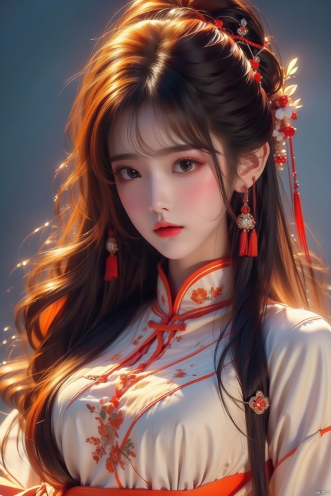 Best quality + masterpiece + Extremely high resolution +1 loli+ looking at the audience + detailed face + orange hair + deep eyes + dress + full bodyimage,,, masterpiece, best quality, mtianmei, mpaidui,