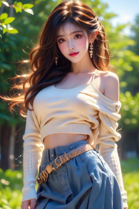 best quality, masterpiece, cowboy_shot,(Good structure), DSLR Quality,Depth of field,kind smile,looking_at_viewer,Dynamic pose, 1girl, 3d, bare_shoulders, belt, blurry, blurry_background, blurry_foreground, branch, , , , collarbone, *******_photo, denim, denim_skirt, depth_of_field, , lips, long_hair, looking_at_viewer, midriff, miniskirt, motion_blur, navel, outdoors, photo_\(medium\), realistic, skirt, solo, standing, tree, , , , blackpantyhose, , , , , futuaner
