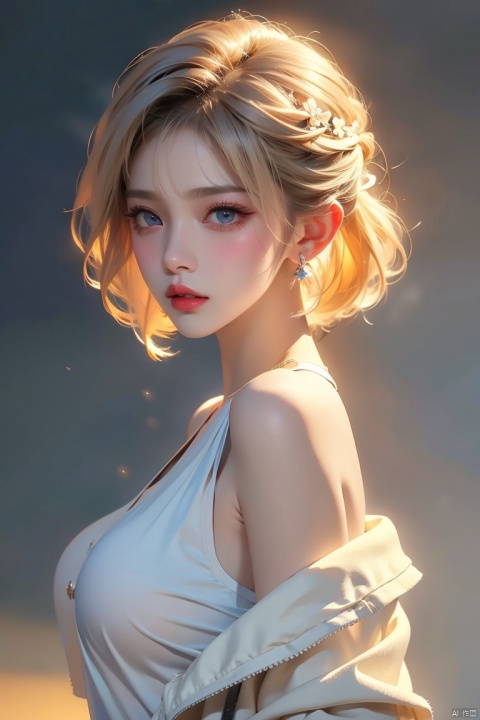  1girl,blonde hair,solo,blue eyes,jewelry,earrings,android 18,short hair,realistic,looking at viewer,upper body,breasts,lips,medium breasts,from side,shirt,grey background,bare shoulders,nose,sleeveless,black shirt,simple background,eyelashes,closed mouth,artist name,makeup,looking to the side,red lips,expressionless,off shoulder,looking back,bangs,sleeveless shirt,from behind,bob cut,jacket,forehead,parted lips,official art,extremely detailed CG unity 8k wallpaper,perfect lighting,Colorful,Bright_Front_face_Lighting,(masterpiece:1),(best_quality:1),ultra high res,8K,ultra-detailed, ((poakl)), (\shen ming shao nv\), (\yan yu\), (\ji jian\), 1 girl,moyou