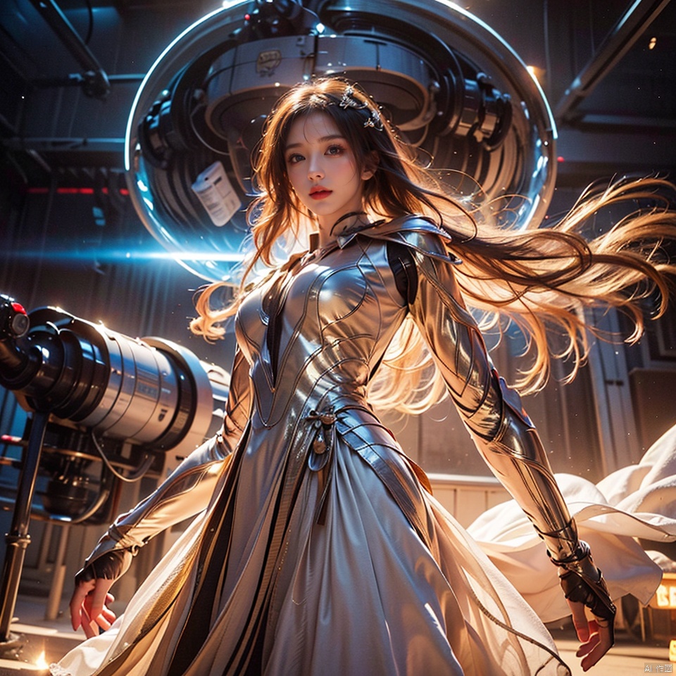  1girl, parted lips, hair blowing in wind, open hand, machinery, Mecha, science fiction, machinery armor, Metallic luster, electroplated, clothes sign, Mars, spaceship, floating cannon, hexagon, (from below:1.2), glow, backlighting, (background blur:1.2), cinematic lighting, Low illumination, VHS-style, (masterpiece:1.3), (best quality:1.1), intricate detailed, (Hyperrealistic:1.1), (realistic details:1.1), highly detailed, (the text on the cover should be bold and attention-grabbing, with the title of the magazine and a catchy headline:1.4), , ,Super perspective,wide shot. Dynamic pose, fighting_stance.,wide shot, Super perspective, Gauze Skirt, dopamine, jiqing, (\shen ming shao nv\)