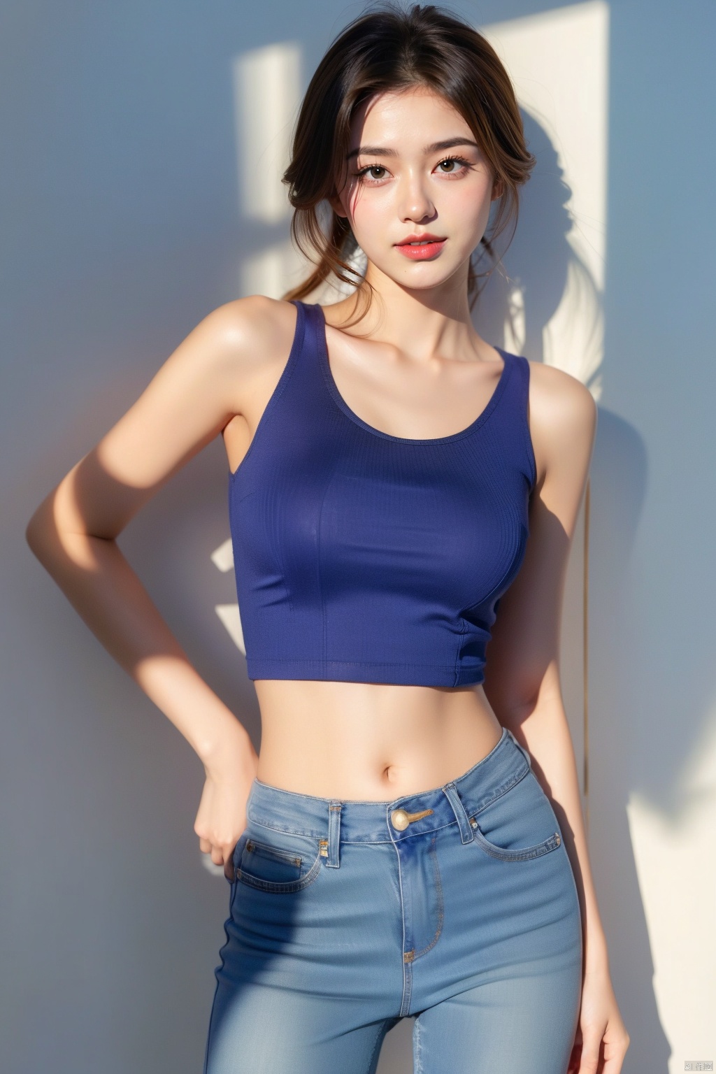  1girl, solo, breasts, looking at viewer, smile, brown hair, black hair, navel, bare shoulders, brown eyes, jewelry, closed mouth, standing, collarbone, cowboy shot, midriff, pants, lips, shadow, **** top, denim, jeans, realistic, arms at sides, 1girl,short skirt, （\personality\）, 1 girl,moyou