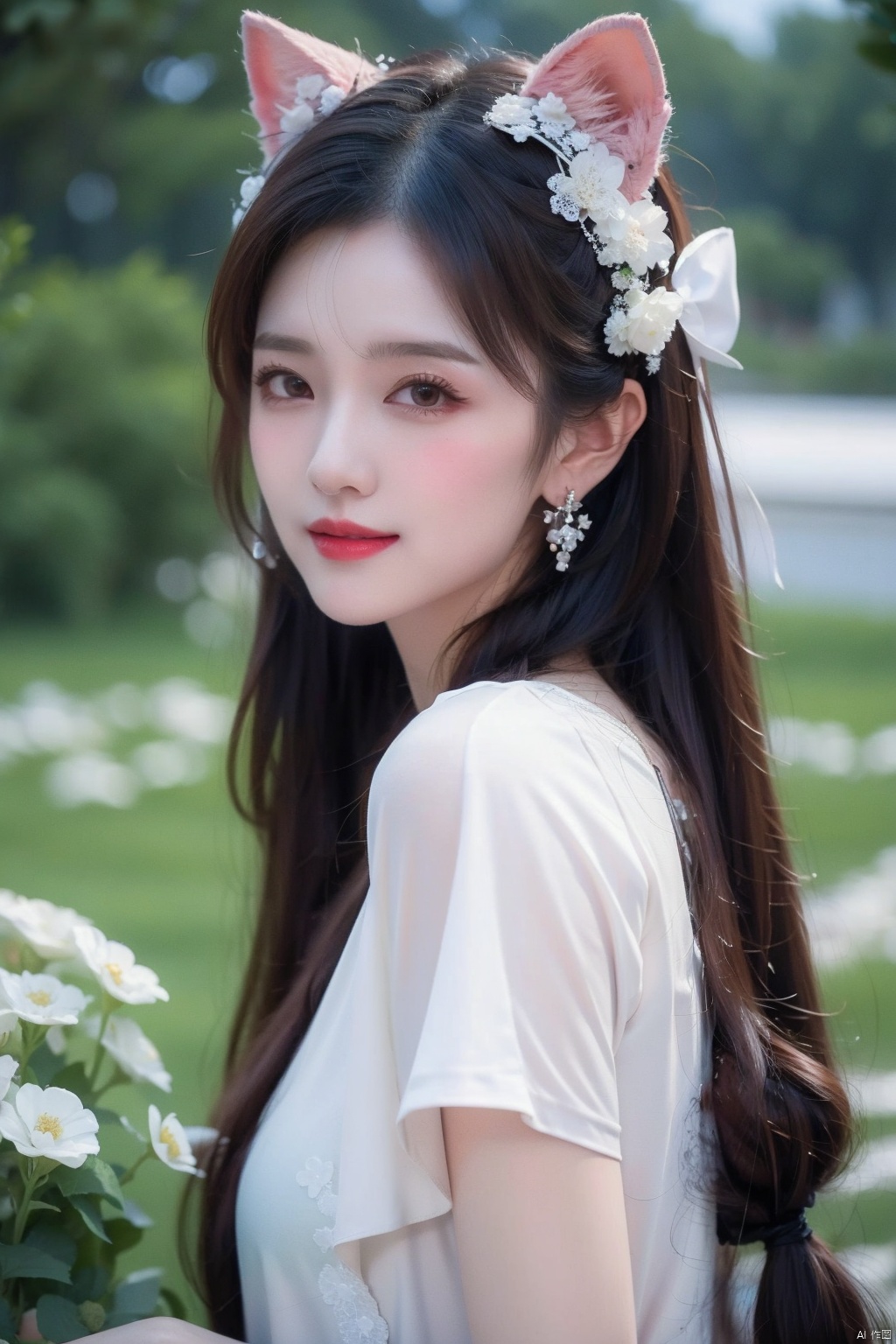  1girl, solo, long hair, looking at viewer, blush, smile, bangs, hair ornament, bow, animal ears, jewelry, yellow eyes, upper body, pink hair, braid, flower, hair bow, hairband, earrings, outdoors, parted lips, alternate costume, cat ears, from side, looking to the side, book, single braid, blue bow, plant, white flower, hair over shoulder, floppy ears, goldenglow \(arknights\), jiqing, 1 girl,moyou