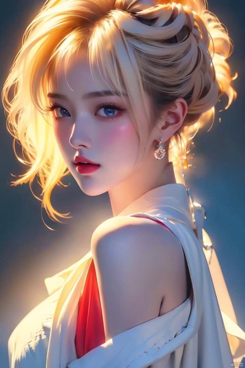  1girl,blonde hair,solo,blue eyes,jewelry,earrings,android 18,short hair,realistic,looking at viewer,upper body,breasts,lips,medium breasts,from side,shirt,grey background,bare shoulders,nose,sleeveless,black shirt,simple background,eyelashes,closed mouth,artist name,makeup,looking to the side,red lips,expressionless,off shoulder,looking back,bangs,sleeveless shirt,from behind,bob cut,jacket,forehead,parted lips,official art,extremely detailed CG unity 8k wallpaper,perfect lighting,Colorful,Bright_Front_face_Lighting,(masterpiece:1),(best_quality:1),ultra high res,8K,ultra-detailed, ((poakl)), (\shen ming shao nv\), (\yan yu\), (\ji jian\), 1 girl