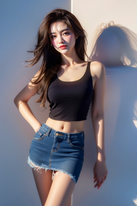  1girl, solo, breasts, looking at viewer, smile, brown hair, black hair, navel, bare shoulders, brown eyes, jewelry, closed mouth, standing, collarbone, cowboy shot, midriff, pants, lips, shadow, tank top, denim, jeans, realistic, arms at sides, 1girl,short skirt, （\personality\）, 1 girl,moyou