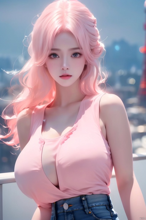 1 girl, (8k, original photo, best quality, Masterpiece: 1.3), (realistic, realistic: 1.37), (daytime), (Looking at the audience: 1.331), Posing, (Tokyo Tower:1.4), ((Daytime City View)), (Real city),((Clear background)), soft light, 1 girl, extremely beautiful face, ((Perfect lively breasts)), (Big boobs:1.5),(Bare cleavage:1.2), put down hands, random hairstyle, (Long light pink hair:1.5), random expression, big eyes, small belly,((((White short tank top)))), ((((Light blue denim short shorts)))), mix4, an extremely delicate and beautiful girl, beautiful face,beautiful eyes, beautiful girl, 8k wallpaper, (best quality: 1.12), (Detailed: 1.12), (Complex: 1.12), (Ultra Detailed: 1.12), (Advanced: 1.12), Ultra Detailed, Ultra Detailed, High Resolution Illustration, Color, 8k wallpaper, highres, Movie Light, Ray Tracing, (8k, Original photo, best Quality, Masterpiece, Ultra High, Ultra Detailed: 1.2), ((realistic, photo-realistic)),yuzu,(large breasts),(breast expansion), (cleavage), (\yan yu\)