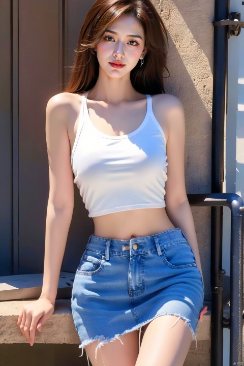 1girl, solo, breasts, looking at viewer, smile, brown hair, black hair, navel, bare shoulders, brown eyes, jewelry, closed mouth, standing, collarbone, cowboy shot, midriff, pants, lips, shadow, tank top, denim, jeans, realistic, arms at sides, 1girl,short skirt, （\personality\）