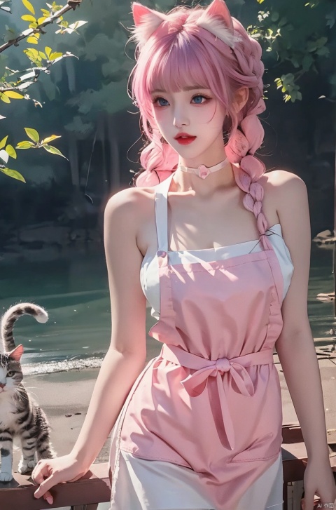  1 girl, solo, long hair,watching audience, bangs, blue eyes, animal ears, cleavage, bare shoulders, standing, collarbone, apron, pink hair, braids, thighs, cowboy shooting, outdoor, parted lips, choker, day, cat ears, blunt bangs, lips, animal ear fluff, white nude apron., ((poakl))
