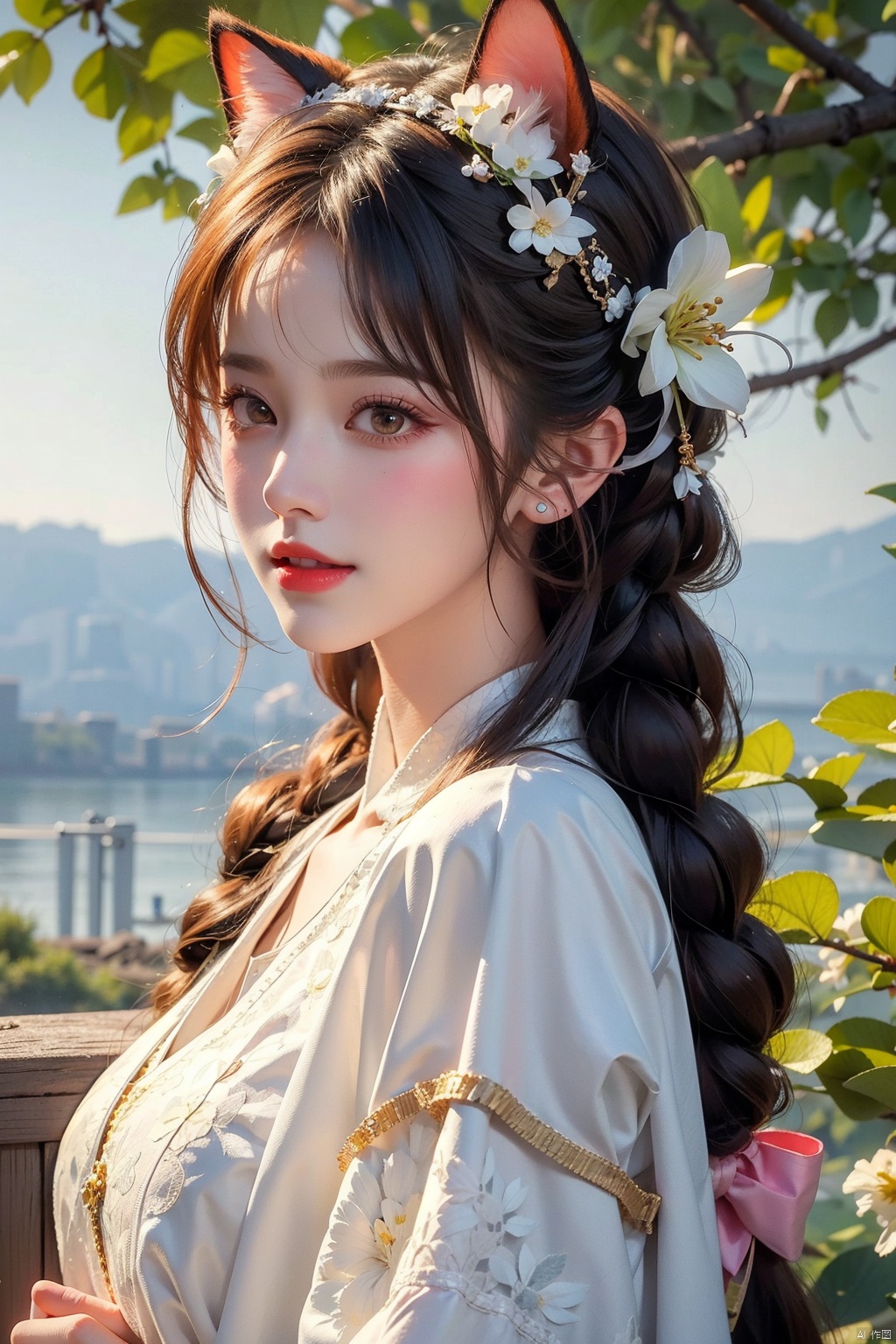  1girl, solo, long hair, looking at viewer, blush, smile, bangs, hair ornament, bow, animal ears, jewelry, yellow eyes, upper body, pink hair, braid, flower, hair bow, hairband, earrings, outdoors, parted lips, alternate costume, cat ears, from side, looking to the side, book, single braid, blue bow, plant, white flower, hair over shoulder, floppy ears, goldenglow \(arknights\), jiqing, 1 girl,moyou