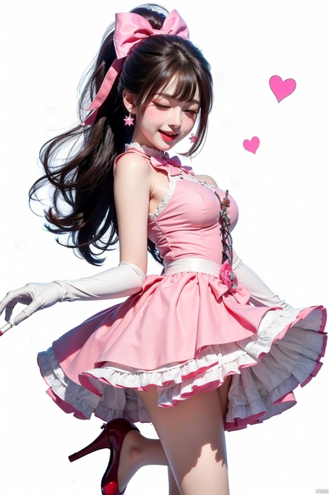  1girl, solo, long hair, looking at viewer, smile, open mouth, simple background, hair ornament, gloves, white background, dress, bow, holding, jewelry, very long hair, standing, ponytail, pink hair, hair bow, heart, earrings, frills, one eye closed, sleeveless, white gloves, pink eyes, star \(symbol\), high heels, magical girl, leg up, standing on one leg, ;d, pink dress, wand, maolilan, jiqing, 1 girl