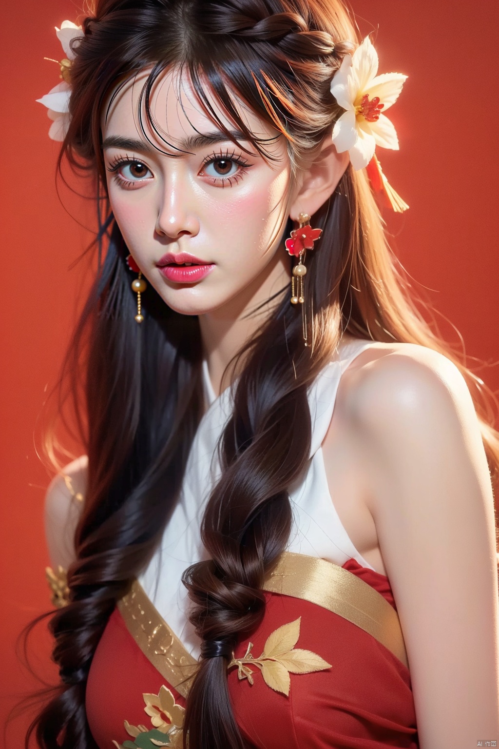 1girl, solo, long hair, black hair, hair accessories, jewelry, closed mouth, upper body, flowers, earrings, blur, side, eyelashes, side, makeup, red background, Chinese costume, red flowers, fringe, branch, red lips, fringe earrings, fruit grain, no hand, very beautiful, masterpiece, best quality, super detail, animation style, key vision