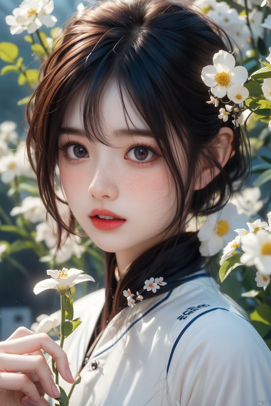  1girl, solo, looking at viewer, short hair, black hair, brown eyes, upper body, flower, parted lips, teeth, hair flower, blurry, lips, white flower, portrait, freckles, realistic, holding flower, ((poakl)),moyou, 1 girl, jiqing, maolilan, (\yan yu\)