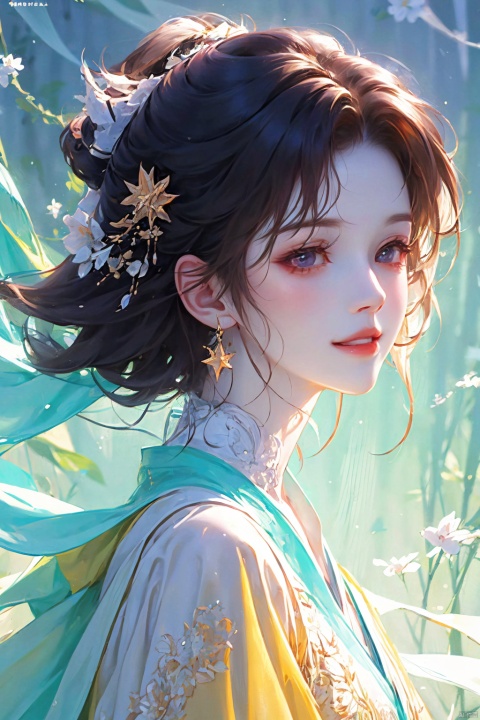  a woman in a yellow dress, off-shoulder dress, short black hair, hair shawl, earring, fluffy hair, star photo, brilliant smile, lips slightly open, beautiful anime portrait, fashion stage, digital anime illustration, beautiful anime style, a beautiful fantasy star, anime illustration, anime fantasy illustration, beautiful character painting, trending on artstration,（\personality\）, (/qingning/), (\MBTI\), jiqing