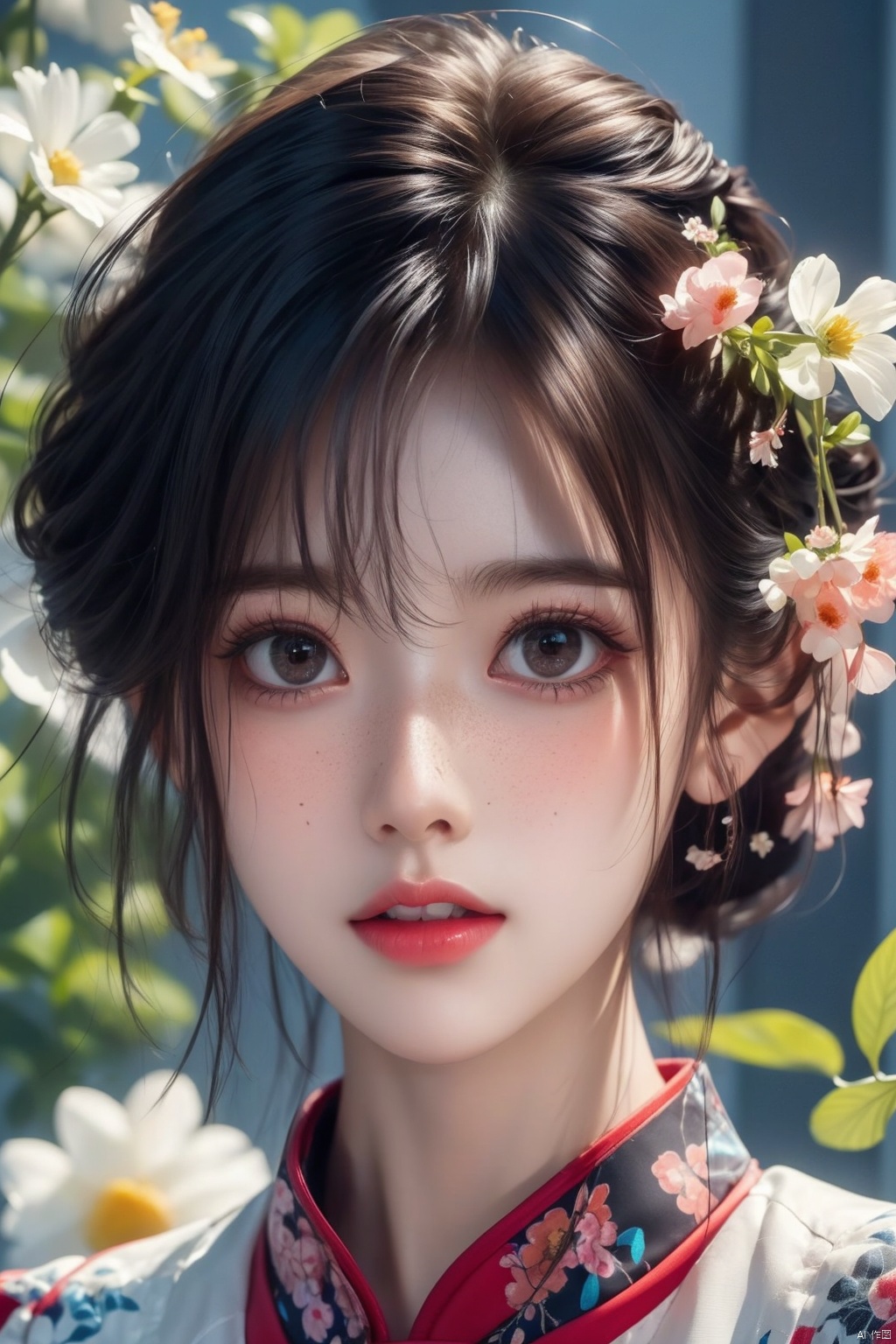  1girl, solo, looking at viewer, short hair, black hair, brown eyes, upper body, flower, parted lips, teeth, hair flower, blurry, lips, white flower, portrait, freckles, realistic, holding flower, ((poakl)),moyou, 1 girl, jiqing, maolilan, (\yan yu\)