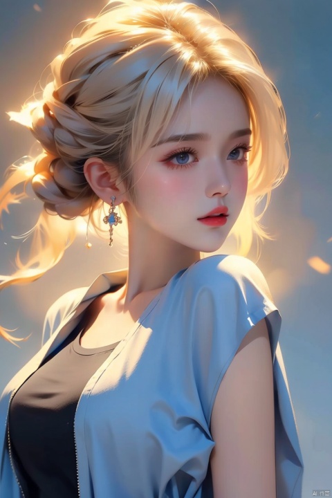  1girl,blonde hair,solo,blue eyes,jewelry,earrings,android 18,short hair,realistic,looking at viewer,upper body,breasts,lips,medium breasts,from side,shirt,grey background,bare shoulders,nose,sleeveless,black shirt,simple background,eyelashes,closed mouth,artist name,makeup,looking to the side,red lips,expressionless,off shoulder,looking back,bangs,sleeveless shirt,from behind,bob cut,jacket,forehead,parted lips,official art,extremely detailed CG unity 8k wallpaper,perfect lighting,Colorful,Bright_Front_face_Lighting,(masterpiece:1),(best_quality:1),ultra high res,8K,ultra-detailed, ((poakl)), (\shen ming shao nv\), (\yan yu\), (\ji jian\), 1 girl