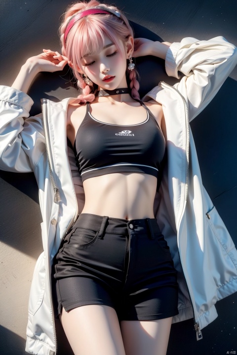  1girl, solo, long hair, breasts, looking at viewer, bangs, blue eyes, navel, bare shoulders, jewelry, jacket, pink hair, braid, cowboy shot, hairband, earrings, small breasts, lying, parted lips, one eye closed, open clothes, shorts, choker, midriff, pants, on back, water, off shoulder, stomach, arm up, twin braids, open jacket, official alternate costume, crop top, short shorts, black shorts, black pants, white jacket, camisole, white hairband, sports bra, spaghetti strap, legwear under shorts, leggings, blue poison \(arknights\), blue poison \(shoal beat\) \(arknights\), jiqing