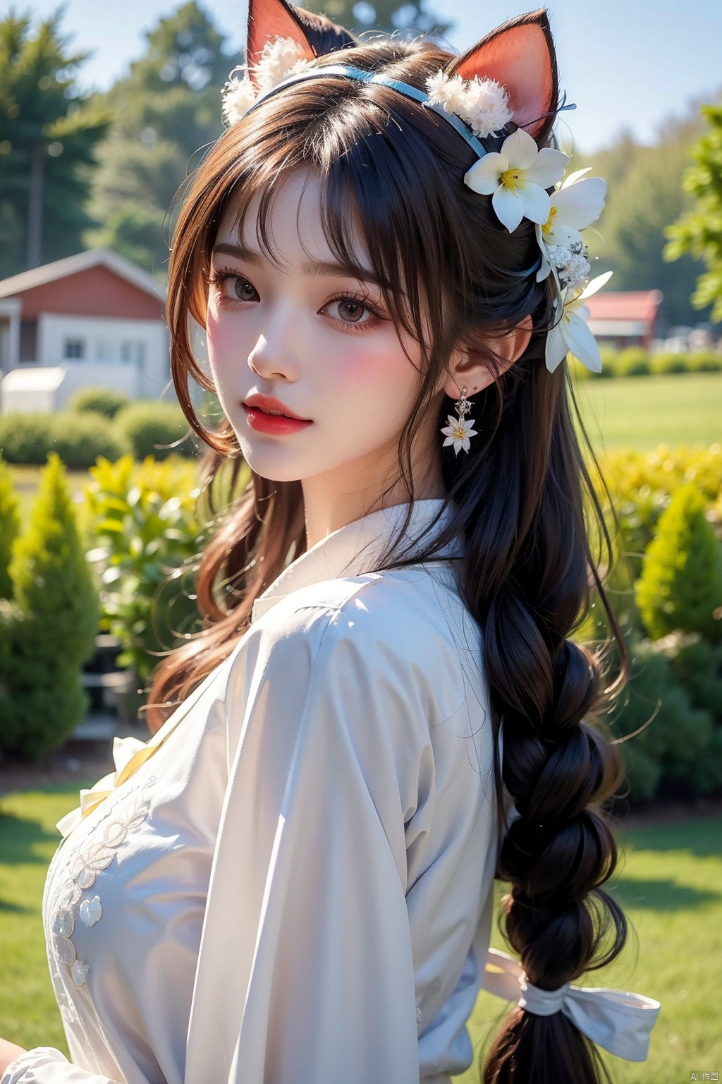  1girl, solo, long hair, looking at viewer, blush, smile, bangs, hair ornament, bow, animal ears, jewelry, yellow eyes, upper body, pink hair, braid, flower, hair bow, hairband, earrings, outdoors, parted lips, alternate costume, cat ears, from side, looking to the side, book, single braid, blue bow, plant, white flower, hair over shoulder, floppy ears, goldenglow \(arknights\), jiqing, 1 girl,moyou