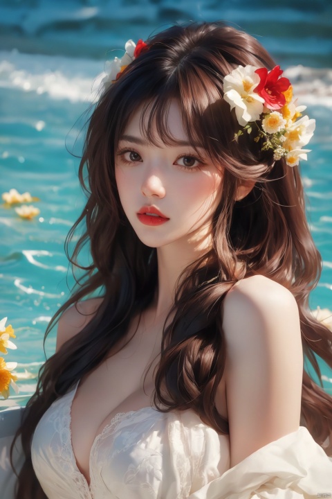  Masterpiece, best quality, 32K, 1 girl, Solo, long hair, breasts, bangs, brown hair, hair decor, cleavage, bare shoulders, upper body, flowers, parted lips, artist&#039;s name, hair flowers, water, close shoulders, blur, lips, depth of field, pattern, foam, red lips, 1girl