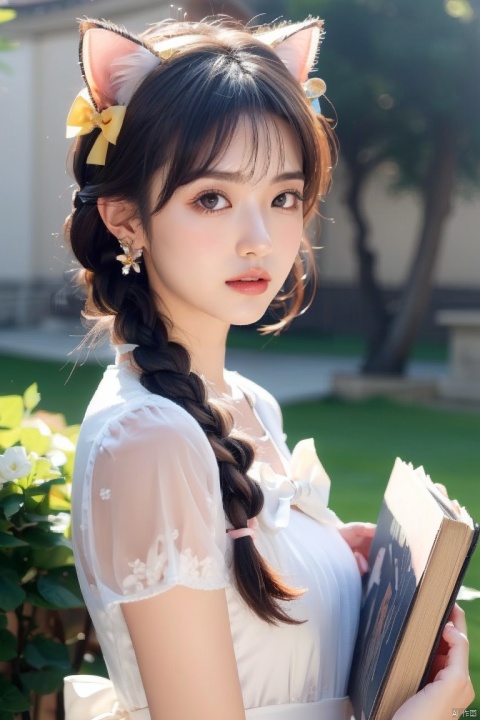  1girl, solo, long hair, looking at viewer, blush, smile, bangs, hair ornament, bow, animal ears, jewelry, yellow eyes, upper body, pink hair, braid, flower, hair bow, hairband, earrings, outdoors, parted lips, alternate costume, cat ears, from side, looking to the side, book, single braid, blue bow, plant, white flower, hair over shoulder, floppy ears, goldenglow \(arknights\), jiqing, 1 girl,moyou