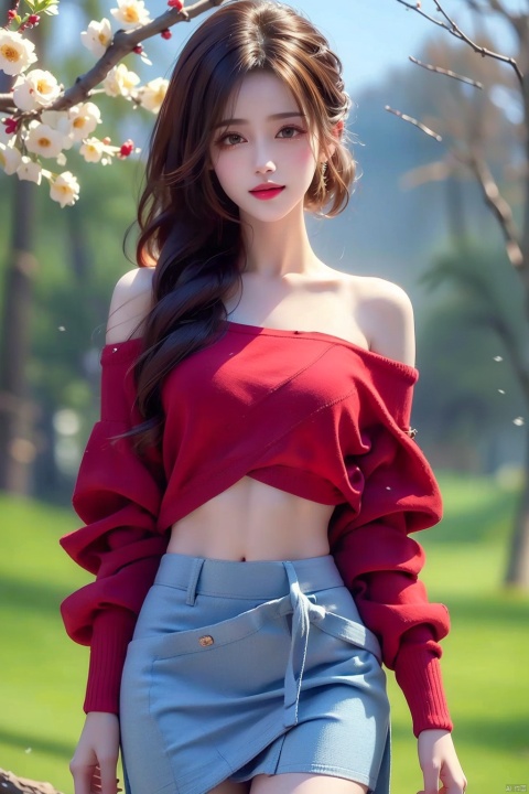 best quality, masterpiece, cowboy_shot,(Good structure), DSLR Quality,Depth of field,kind smile,looking_at_viewer,Dynamic pose, 1girl, 3d, bare_shoulders, belt, blurry, blurry_background, blurry_foreground, branch, , , , collarbone, *******_photo, denim, denim_skirt, depth_of_field, , lips, long_hair, looking_at_viewer, midriff, miniskirt, motion_blur, navel, outdoors, photo_\(medium\), realistic, skirt, solo, standing, tree, , , , blackpantyhose, , , , , futuaner, 1 girl