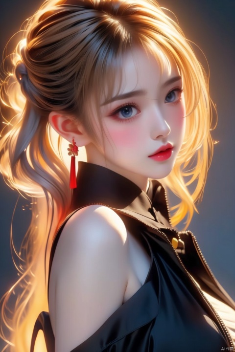  1girl,blonde hair,solo,blue eyes,jewelry,earrings,android 18,short hair,realistic,looking at viewer,upper body,breasts,lips,medium breasts,from side,shirt,grey background,bare shoulders,nose,sleeveless,black shirt,simple background,eyelashes,closed mouth,artist name,makeup,looking to the side,red lips,expressionless,off shoulder,looking back,bangs,sleeveless shirt,from behind,bob cut,jacket,forehead,parted lips,official art,extremely detailed CG unity 8k wallpaper,perfect lighting,Colorful,Bright_Front_face_Lighting,(masterpiece:1),(best_quality:1),ultra high res,8K,ultra-detailed, ((poakl)), (\shen ming shao nv\), (\yan yu\), (\ji jian\), 1 girl