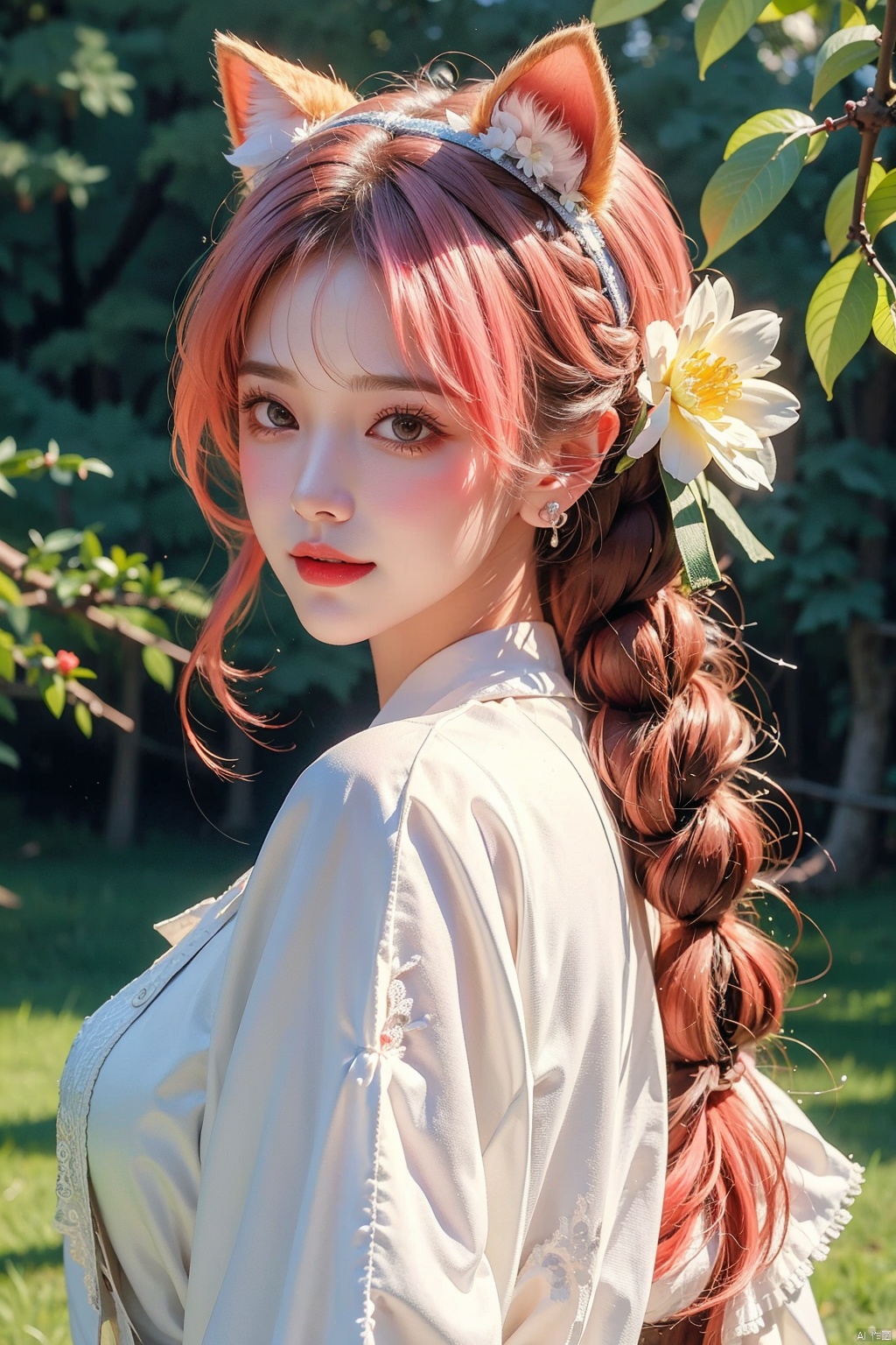  1girl, solo, long hair, looking at viewer, blush, smile, bangs, hair ornament, bow, animal ears, jewelry, yellow eyes, upper body, pink hair, braid, flower, hair bow, hairband, earrings, outdoors, parted lips, alternate costume, cat ears, from side, looking to the side, book, single braid, blue bow, plant, white flower, hair over shoulder, floppy ears, goldenglow \(arknights\), jiqing, 1 girl,moyou