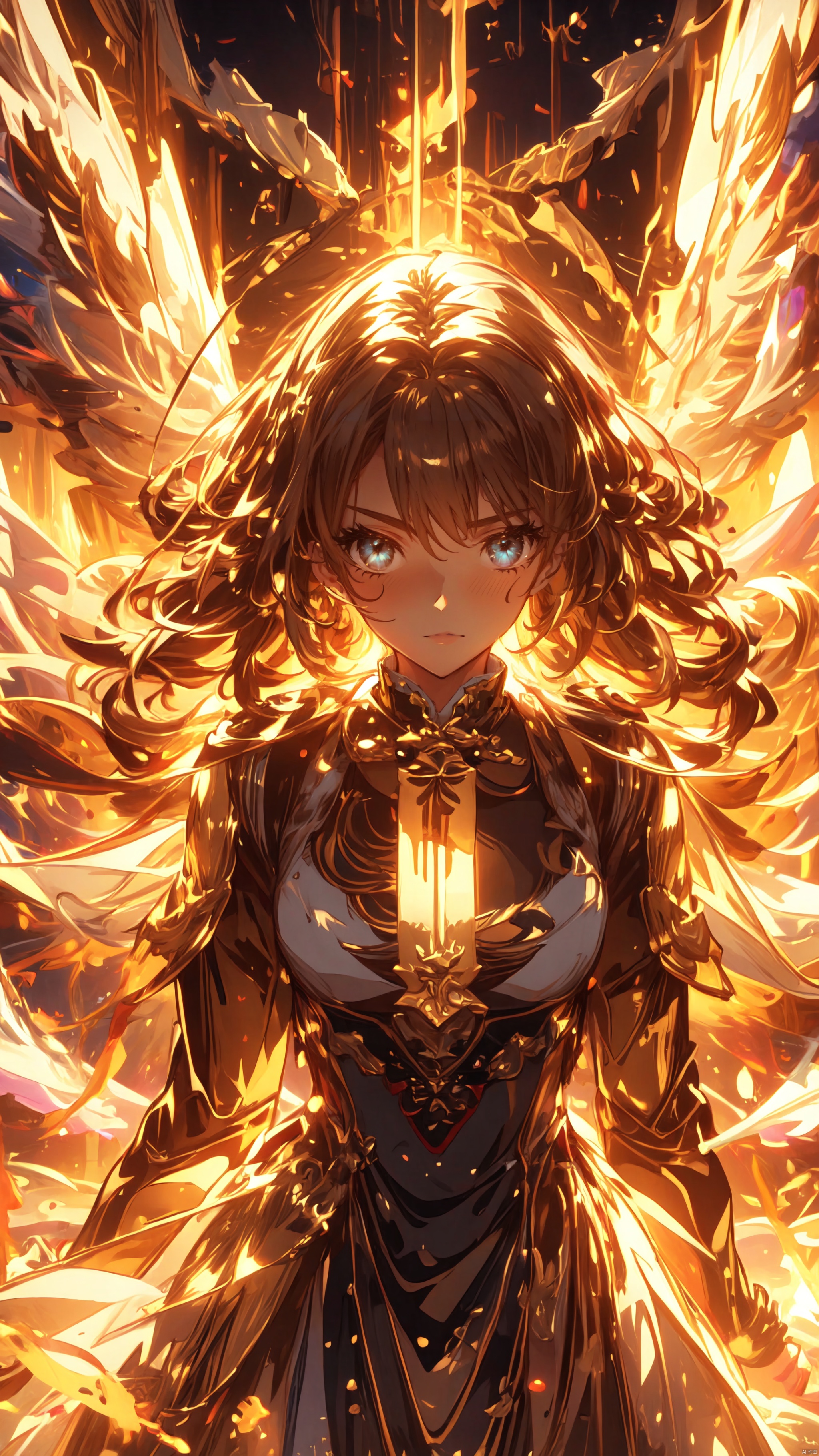  masterpiece, best quality, 1girl, a stunning anime wallpaper featuring the face of an enigmatic character with glowing eyes, long hair,surrounded by swirling flames and ethereal energy waves. Focus on materials that evoke warmth or luxury, such as silk or velvet. Vector illustration in the style of anime, with a dark blue background color, segaev, r1ge, taoist, (\shen ming shao nv\), jiqing, maolilan,wings