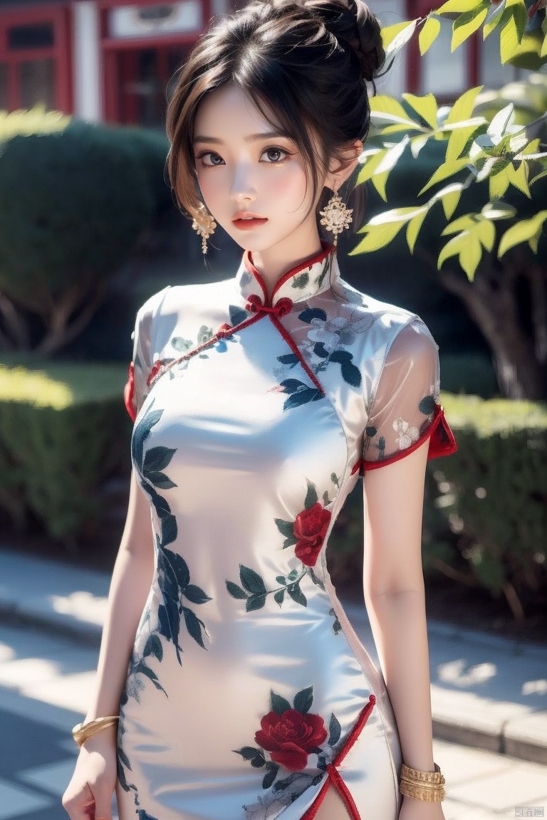  1girl, dress, solo, black hair, chinese clothes, jewelry, earrings, white dress, looking at viewer, china dress, arm behind back, hair bun, day, standing, red lips, tree, short sleeves, outdoors, blurry, bracelet, short hair, architecture, lips, long dress
,
Negative prompt: