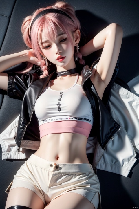  1girl, solo, long hair, breasts, looking at viewer, bangs, blue eyes, navel, bare shoulders, jewelry, jacket, pink hair, braid, cowboy shot, hairband, earrings, small breasts, lying, parted lips, one eye closed, open clothes, shorts, choker, midriff, pants, on back, water, off shoulder, stomach, arm up, twin braids, open jacket, official alternate costume, crop top, short shorts, black shorts, black pants, white jacket, camisole, white hairband, sports bra, spaghetti strap, legwear under shorts, leggings, blue poison \(arknights\), blue poison \(shoal beat\) \(arknights\), jiqing