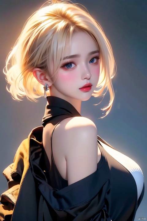  1girl,blonde hair,solo,blue eyes,jewelry,earrings,android 18,short hair,realistic,looking at viewer,upper body,breasts,lips,medium breasts,from side,shirt,grey background,bare shoulders,nose,sleeveless,black shirt,simple background,eyelashes,closed mouth,artist name,makeup,looking to the side,red lips,expressionless,off shoulder,looking back,bangs,sleeveless shirt,from behind,bob cut,jacket,forehead,parted lips,official art,extremely detailed CG unity 8k wallpaper,perfect lighting,Colorful,Bright_Front_face_Lighting,(masterpiece:1),(best_quality:1),ultra high res,8K,ultra-detailed, ((poakl)), (\shen ming shao nv\), (\yan yu\), (\ji jian\), 1 girl