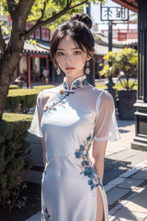  1girl, dress, solo, black hair, chinese clothes, jewelry, earrings, white dress, looking at viewer, china dress, arm behind back, hair bun, day, standing, red lips, tree, short sleeves, outdoors, blurry, bracelet, short hair, architecture, lips, long dress
,
Negative prompt:, 1 girl