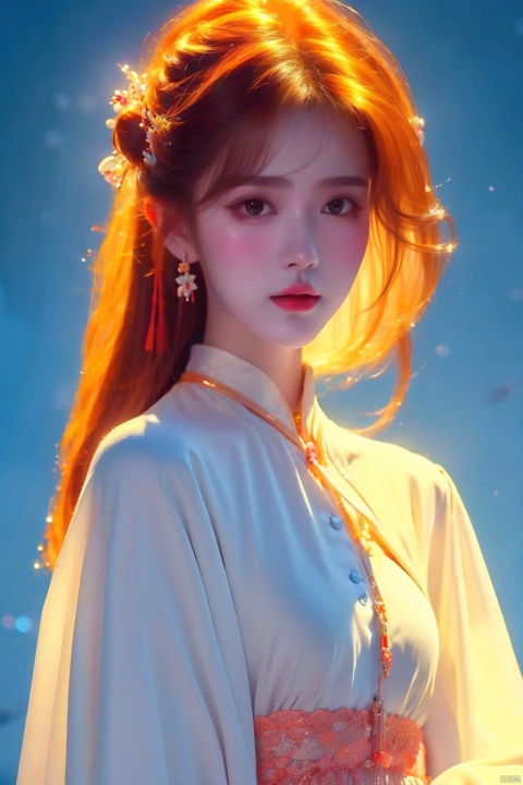 Best quality + masterpiece + Extremely high resolution +1 loli+ looking at the audience + detailed face + orange hair + deep eyes + dress + full bodyimage,,, masterpiece, best quality, mtianmei, mpaidui,