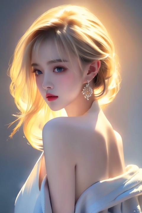  1girl,blonde hair,solo,blue eyes,jewelry,earrings,android 18,short hair,realistic,looking at viewer,upper body,breasts,lips,medium breasts,from side,shirt,grey background,bare shoulders,nose,sleeveless,black shirt,simple background,eyelashes,closed mouth,artist name,makeup,looking to the side,red lips,expressionless,off shoulder,looking back,bangs,sleeveless shirt,from behind,bob cut,jacket,forehead,parted lips,official art,extremely detailed CG unity 8k wallpaper,perfect lighting,Colorful,Bright_Front_face_Lighting,(masterpiece:1),(best_quality:1),ultra high res,8K,ultra-detailed, ((poakl)), (\shen ming shao nv\), (\yan yu\), (\ji jian\), 1 girl