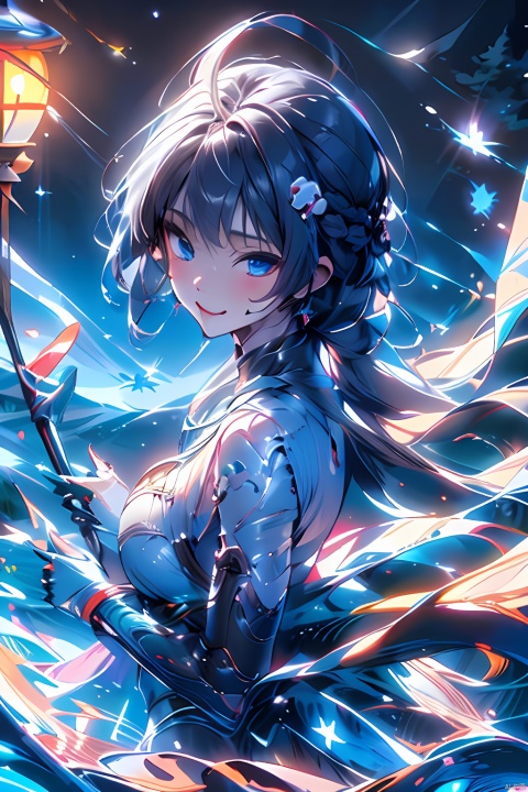  a beautiful anime girl holding a lit lantern over a forest scene with plenty of insects 1 girl, solo, black hair, blue eyes, braid, long hair, gloves, smile, staff, jiqing, babata, qingyi, (\MBTI\)