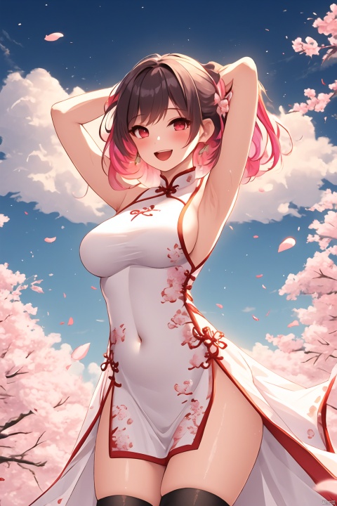  (masterpiece),(best quality),illustration,ultra detailed,hdr,Depth of field,(colorful),1girl, solo, breasts, dress, butterfly, black hair, armpits, bug, smile, arms up, open mouth, looking at viewer, sleeveless dress, chinese clothes, day, cloud, covered navel, sky, sleeveless, :d, outdoors, china dress, red eyes, thighhighs, fur trim, blue sky, blush, bangs, cowboy shot, multicolored hair, sideboob, standing, white dress, petals, short hair, pink thighhighs, cherry blossoms, medium breasts, large breasts, pink hair, ribbon, jiqing