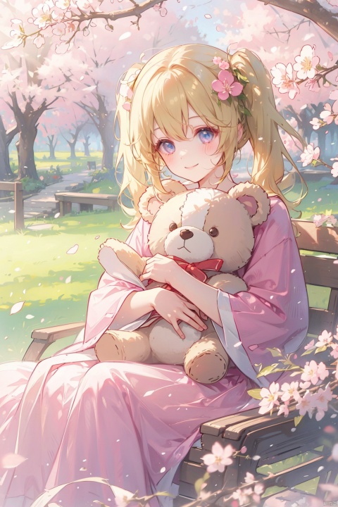 1girl, blonde hair, twintails, pink dress, holding teddy bear, sitting under cherry blossom tree, petals falling, warm smile, highly detailed