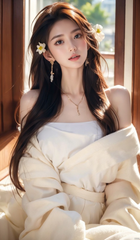 1 girl, jewelry, solo, earrings, long hair, forehead markings, black hair, necklace, bare shoulders, flowers, red lips, hair flowers, upper body, skirt, off shoulder, facial markings, head down, makeup, lips, candles, collarbones, long sleeves, tears streaming down, crying, Tyndall effect, 8k, large aperture, masterpiece of the century, sit, maple leaf, doorway, corridor, Sun on face, 1girl, (\yan yu\)