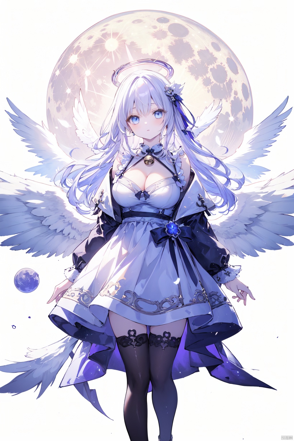  1girl, alcohol, angel, angel_wings, bell, black_legwear, blue_eyes, blue_wings, bottle, breasts, choker, cleavage, dress, feathered_wings, feathers, full_moon, halo, hand_on_hip, holding, holding_bottle, kishin_sagume, large_breasts, long_hair, looking_at_viewer, mini_wings, moon, multiple_wings, neck_bell, parted_lips, purple_dress, ribbon, silver_hair, single_wing, solo, thighhighs, very_long_hair, white_feathers, white_wings, wings, jiqing, maolilan