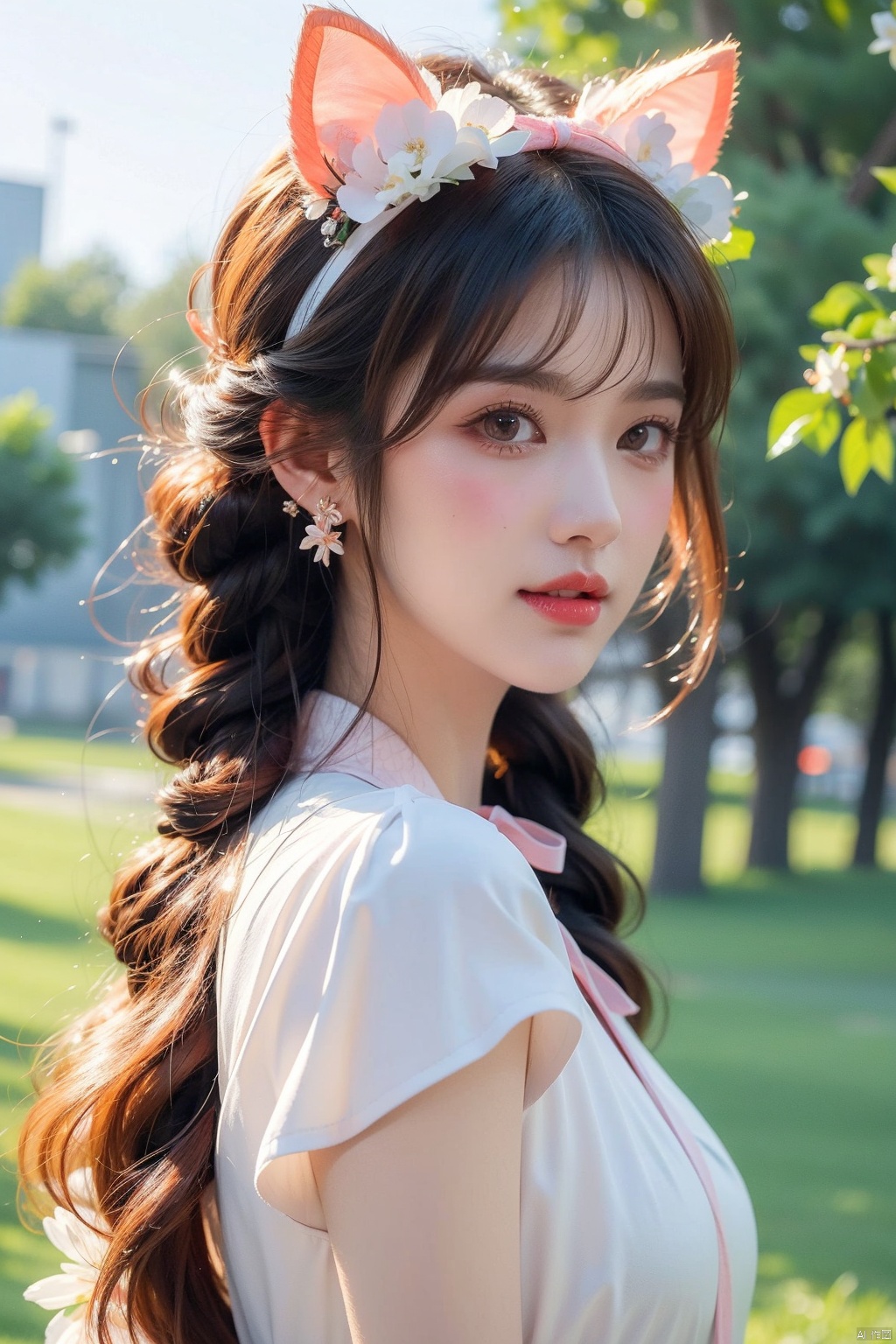  1girl, solo, long hair, looking at viewer, blush, smile, bangs, hair ornament, bow, animal ears, jewelry, yellow eyes, upper body, pink hair, braid, flower, hair bow, hairband, earrings, outdoors, parted lips, alternate costume, cat ears, from side, looking to the side, book, single braid, blue bow, plant, white flower, hair over shoulder, floppy ears, goldenglow \(arknights\), jiqing