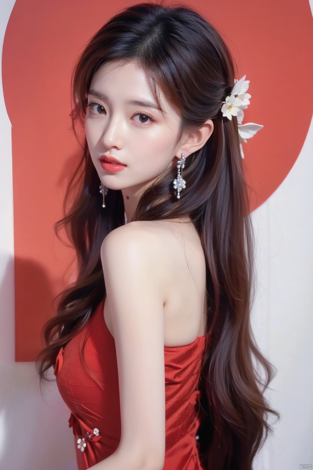 1girl, solo, long hair, black hair, hair accessories, jewelry, closed mouth, upper body, flowers, earrings, blur, side, eyelashes, side, makeup, red background, Chinese costume, red flowers, fringe, branch, red lips, fringe earrings, fruit grain, no hand, very beautiful, masterpiece, best quality, super detail, animation style, key vision