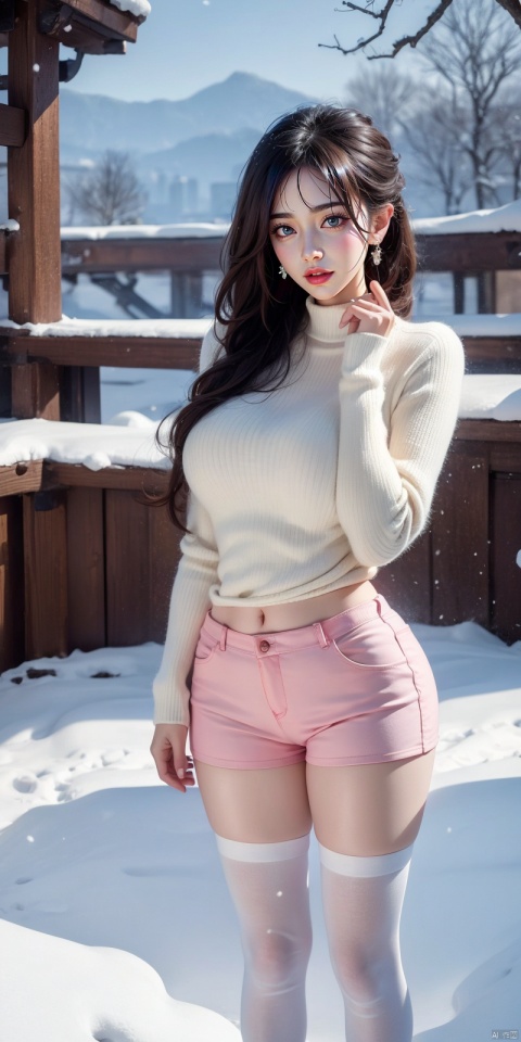  1girl,asian,(detailed background, outdoor,highly detailed background,flying snow,), colorful hair,arrings, parted lips, realistic, female focus, masterpiece,high resolution,1girl,ultra-detailed,extreme detailed, gradient,detailed eyes, mature female, (wide hips), thighhighs,chubby legs,sweater, ,jewelry,eyeshadow,earrings,puffy cloth,jean shorts, (highest detailed hair) ,full body, stunning colors, bold colors,hard light, zixia, heiguafu, depth of field,big breasts,nsfw, wangyushan,moyou, xiqing, 1 girl