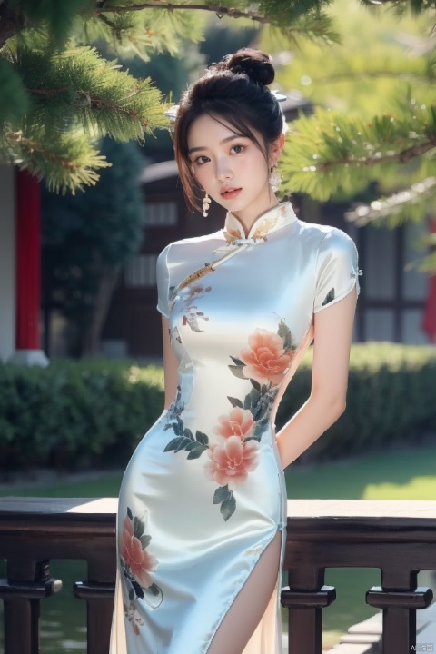  1girl, dress, solo, black hair, chinese clothes, jewelry, earrings, white dress, looking at viewer, china dress, arm behind back, hair bun, day, standing, red lips, tree, short sleeves, outdoors, blurry, bracelet, short hair, architecture, lips, long dress
,
Negative prompt: